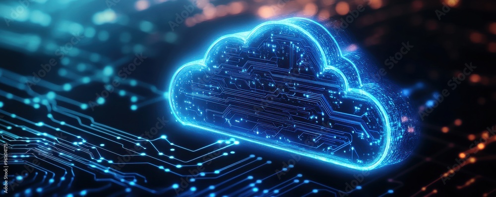 Poster futuristic digital cloud icon with intricate circuit patterns representing technology, data storage,
