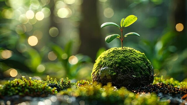 Moss-covered seedling in forest with sunlight, nature growth concept