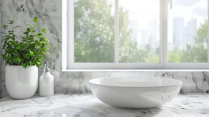 Fototapeta premium empty marble countertop in a white bathroom interior perfect for product showcase with a blurred background highlighting elegant and luxury home decor