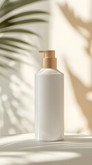A beautifully designed shampoo bottle with elegant packaging, positioned on a light-colored surface with a blurred background