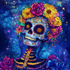 Fototapeta premium Floral Skull with Marigold Crown for Mexican Celebration 