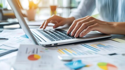 A close-up of hands typing on a laptop, with training materials and notes scattered around, illustrating the development process