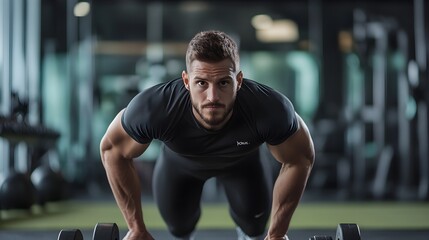 A personal trainer demonstrating a workout routine in a modern gym with ample copy space for text or branding on the wall