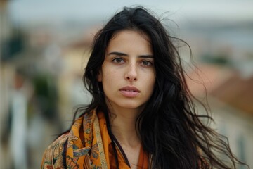 Fototapeta premium Authentic portrait of a young portuguese woman with natural expression AI