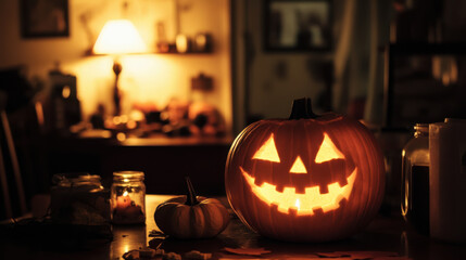 Eerie Halloween preparation with dim lighting and shadowy corners, perfecting treats