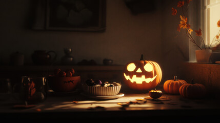 Eerie Halloween preparation with dim lighting and shadowy corners, perfecting treats
