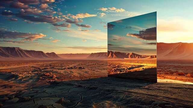 Desert landscape with reflective mirror at sunset, surreal art concept