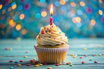 Delicious vanilla cupcake with candle on colorful festive background