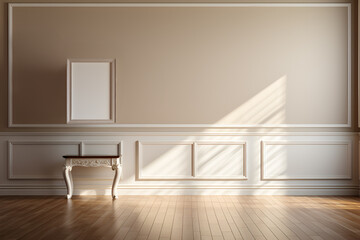 beautiful white interior. classic room with wooden floor light walls with moldings, dressing table...