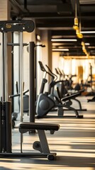 Obraz premium A contemporary gym interior showcasing a variety of exercise stations, designed for both cardio and strength training