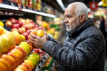 Fototapeta premium Elderly man picking fresh fruits in a colorful grocery aisle, focus on healthy living, digital painting