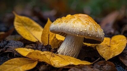 Fototapeta premium Wet mushroom on autumn yellow leaves