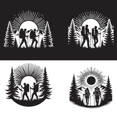 black and white silhouette of two hikers walking vector hiking logo element vector.eps