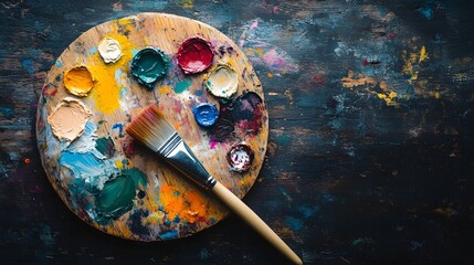 An overhead view of a wooden palette scattered with an array of colorful paint and a clean paintbrush resting beside it, emphasizing creativity