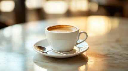 Espresso cup with a saucer, spoon resting on the side, in an elegant cafÃ© setting.