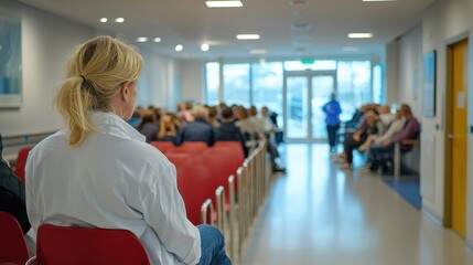 doctor looking at crowded waiting room