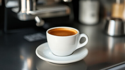 Espresso shot in a small white cup, saucer on the side, in a modern kitchen setting.