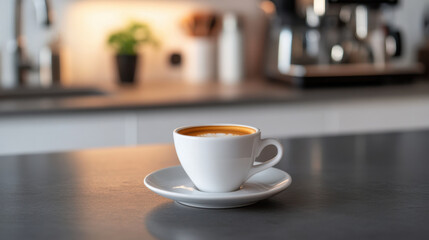 Fototapeta premium Espresso shot in a small white cup, saucer on the side, in a modern kitchen setting.
