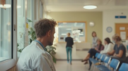 doctor looking at crowded waiting room