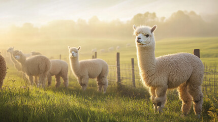 Fototapeta premium Fluffy alpacas grazing in their pen, against a soothing pastel-colored background.