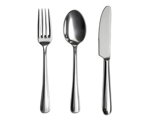 Set of Stainless Steel Cutlery: Spoon, Fork, and Knife, Isolated on a Transparent PNG Background   