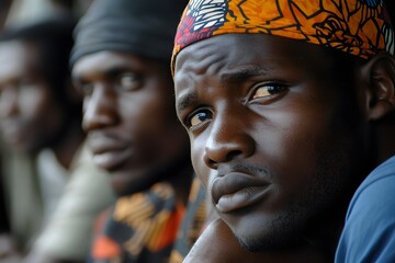 Close-up portrait of a young African man wearing a patterned headwrap