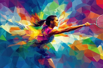 Colorful geometric poster of a female badminton player in action, showcasing vibrant energy and dynamic movement in an abstract style