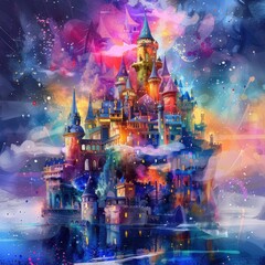 Obraz premium Magical castle reflected in water with a colourful starry sky.