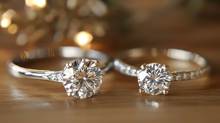 Elegant diamond rings on a wooden surface, perfect for symbolizing love, commitment, and special occasions.