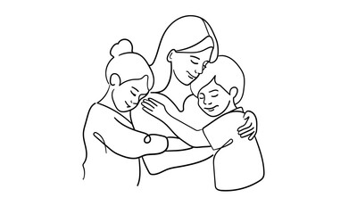 Mother and two chieldrens continuous line art drawing isolated on white background. Mothers day. Vector illustration	