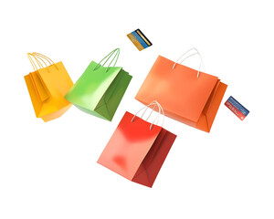 Shopping in Motion: Flying Shopping Bags and Credit Card, A Burst of Consumerism, Isolated on a Transparent PNG Background   