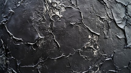 A close-up view of a textured black concrete surface, showcasing intricate patterns and imperfections, against a light solid color background