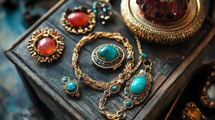 Obraz premium Elegant vintage jewelry collection featuring turquoise and red stones, beautifully arranged on a wooden surface.