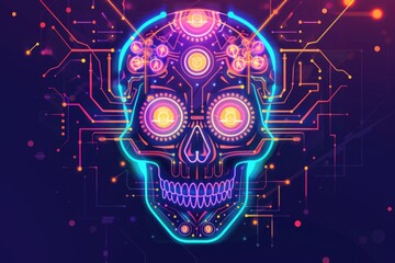 Futuristic neon cyber skull with circuitry patterns, glowing in vibrant blue, pink, and red, merging technology with Day of the Dead traditions. ai