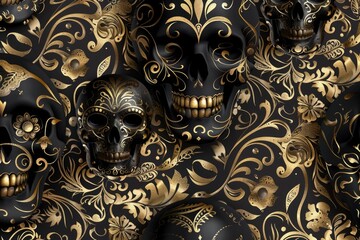 Black skull with gold floral patterns, surrounded by golden elements on a dark background, representing an elegant Day of the Dead theme. ai