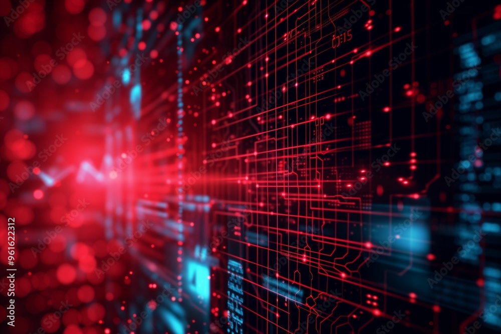 Poster abstract red and blue digital circuit design with glowing lines and patterns