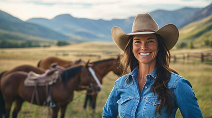 woman in a cowboy hat and denim shirt stands in a field with horses