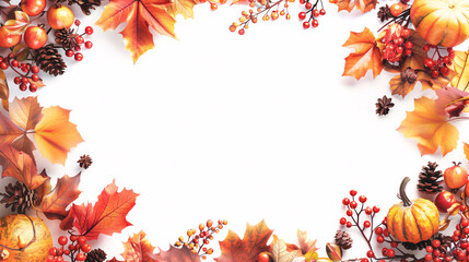 Thanksgiving seasonal template design with pumpkins and Fall decorations in orange color tone on white plain background with copy space for text.