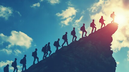 Silhouetted hikers ascend a rocky peak against a vibrant sky, symbolizing adventure, perseverance, and the spirit of exploration.