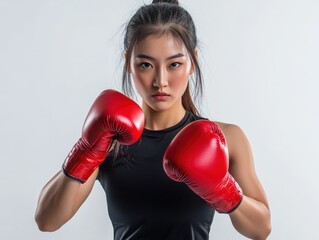 Asian woman in boxing stance, gloves up, white background, athletic determination Sport woman boxing, pure color background