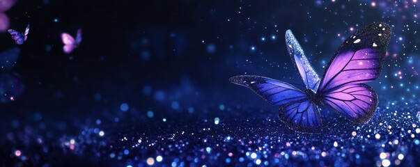 Magical purple butterfly on a dark blue background with glittering stars creating a dreamlike and enchanting atmosphere