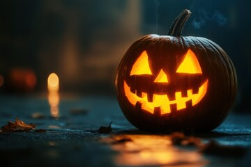 Obraz premium Glowing Jack-o'-Lantern on Wet Ground with Candles