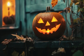Glowing jack-o'-lantern on a stoop with autumn leaves
