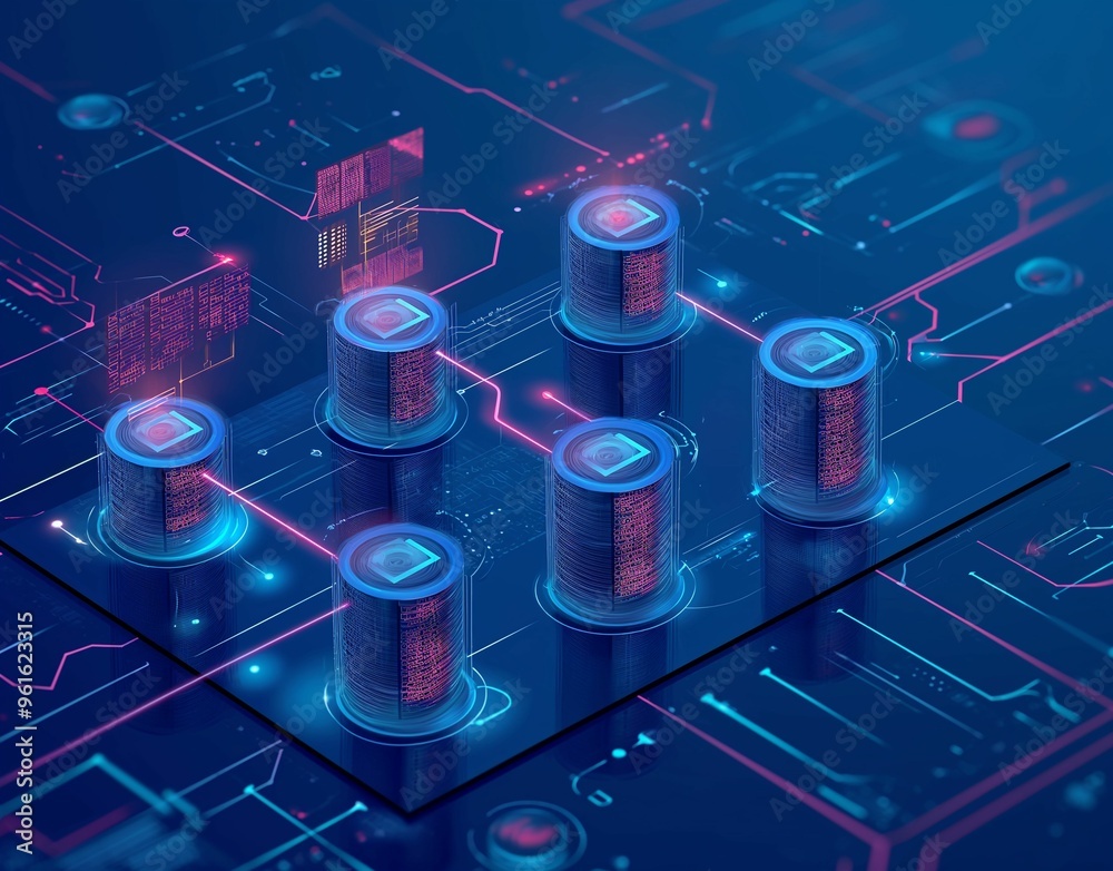 Poster digital representation of interconnected data storage units with glowing circuits