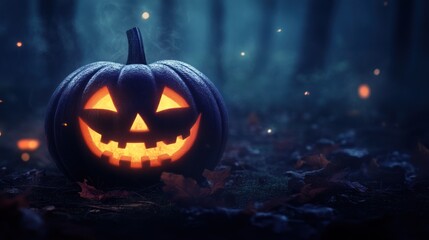 Obraz premium Illuminated jack-o'-lantern in dark, eerie forest setting