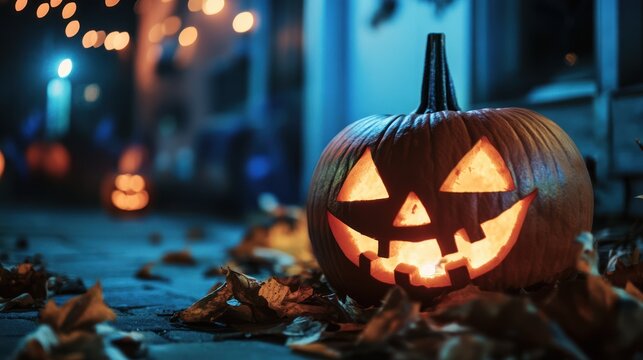 Jack-o'-lantern glowing on sidewalk with fallen leaves