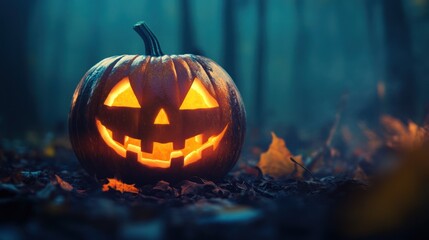 Glowing Jack-o'-lantern in a foggy forest surrounded by leaves.