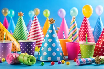 Obraz premium Colorful celebration with party hats and balloons in vibrant and festive atmosphere