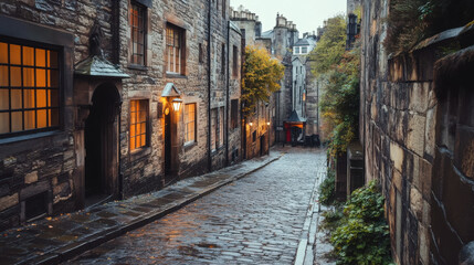 Historic street in Edinburgh, Scotland, with cobblestones and old stone buildings.