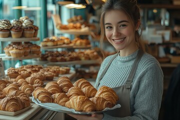 Female baker presenting the various pastries